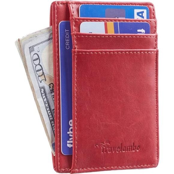 Mens Front Pocket Minimalist Leather Slim Wallet RFID Blocking Medium Size Red - Picture 2 of 4